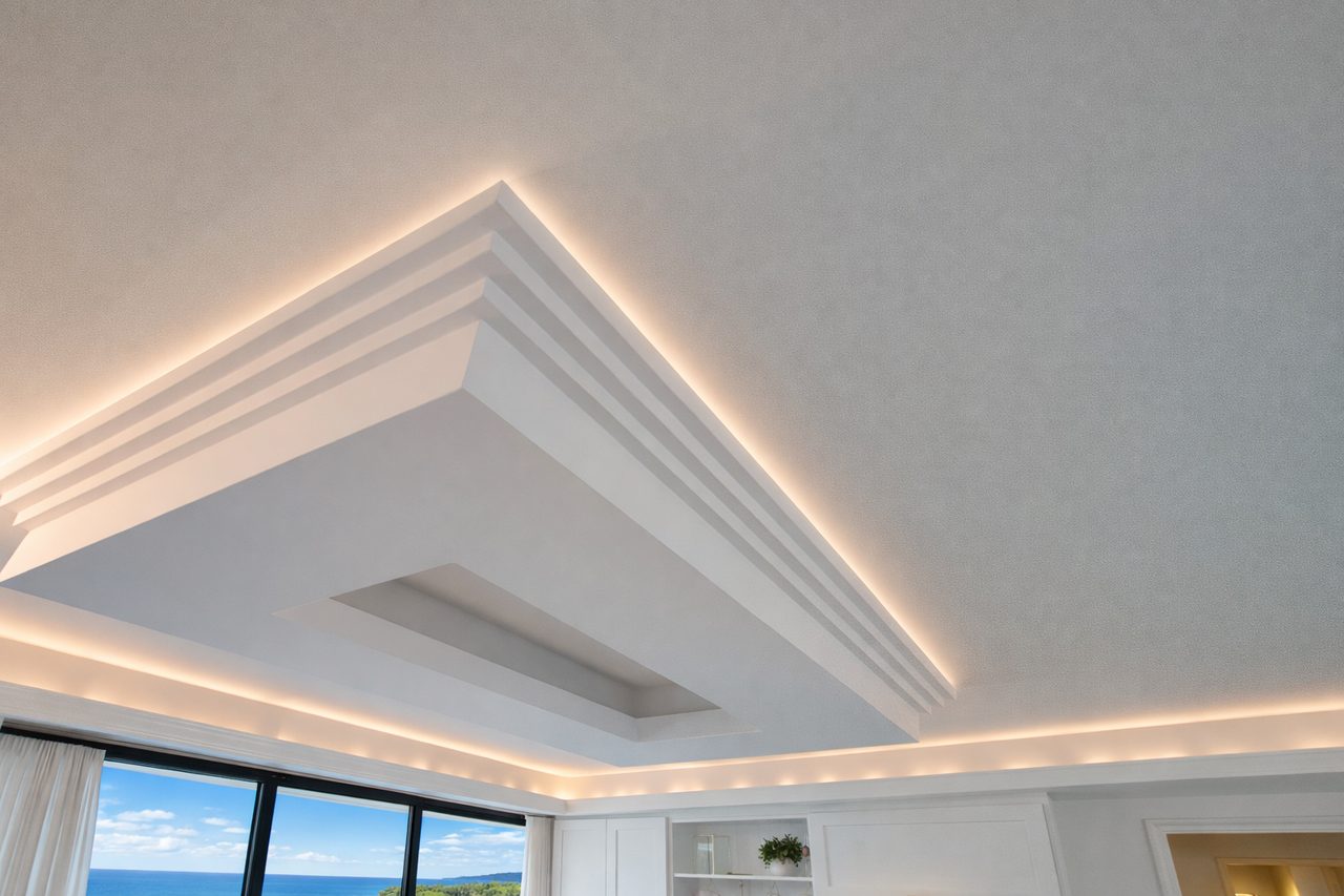 Custom multi-layered stepped dropped ceiling in a Perth home